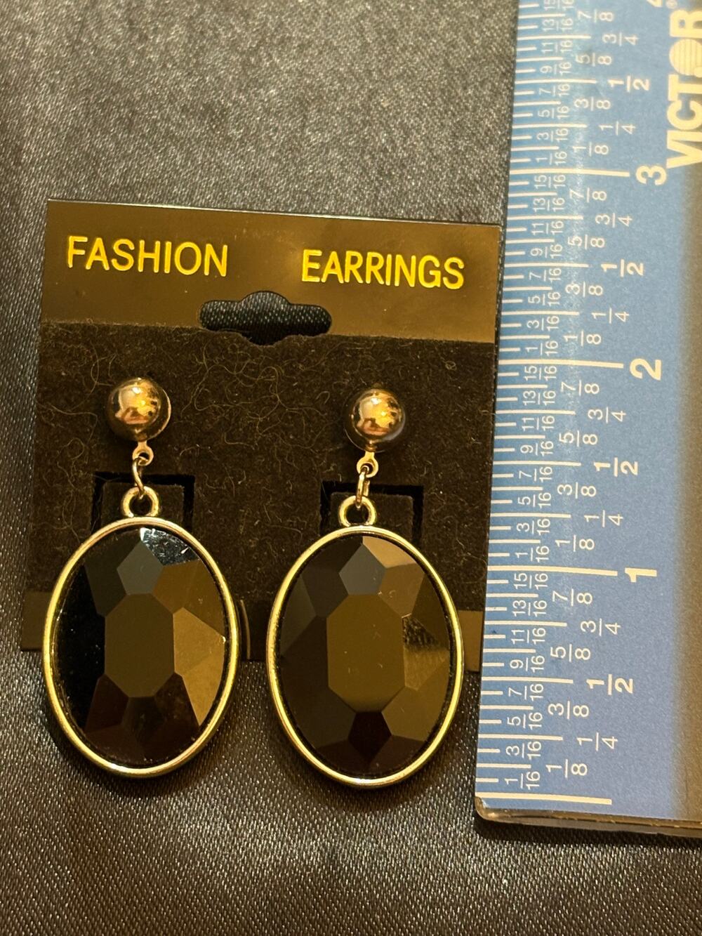 Vintage 80s Old Stock Black Faceted Drop Earrings Silver Tone Statement